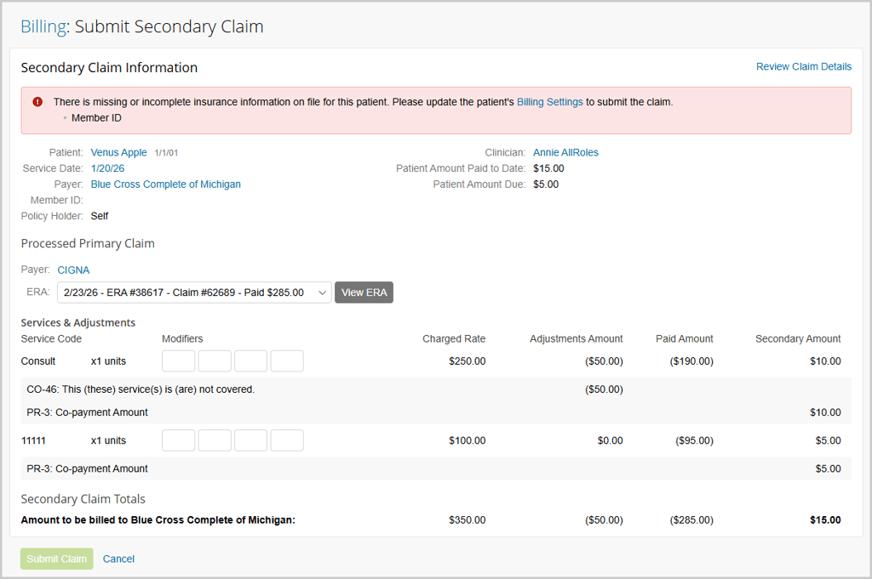 Submit Secondary Claim page shows claim error to resolve prior to submitting