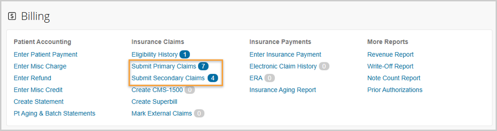 Billing page shows accurate electronic and secondary pending claim totals