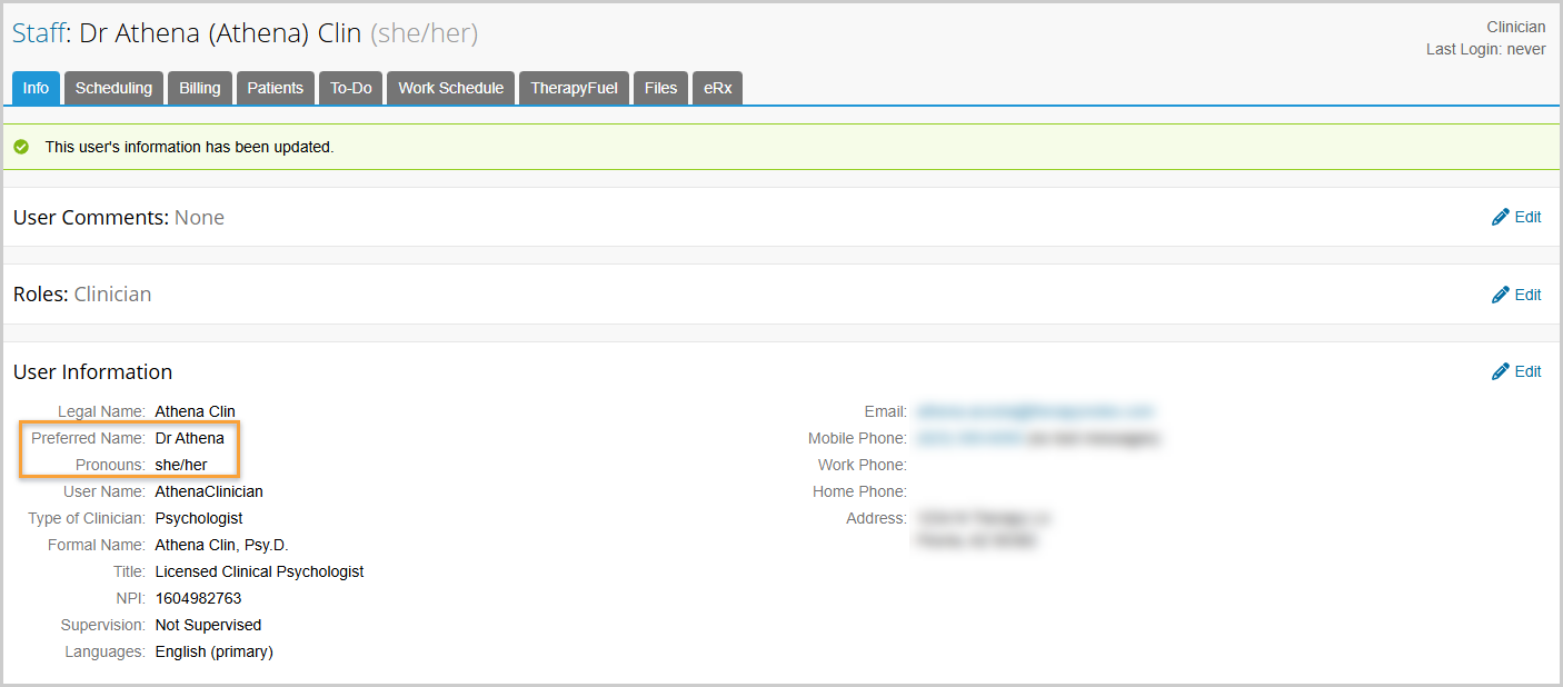 Preferred Name and Pronouns field on Staff Info View mode
