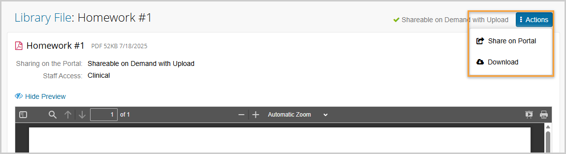 Library Files now have a consolidated Actions button for quick access to sharing on the portal or downloading the file.