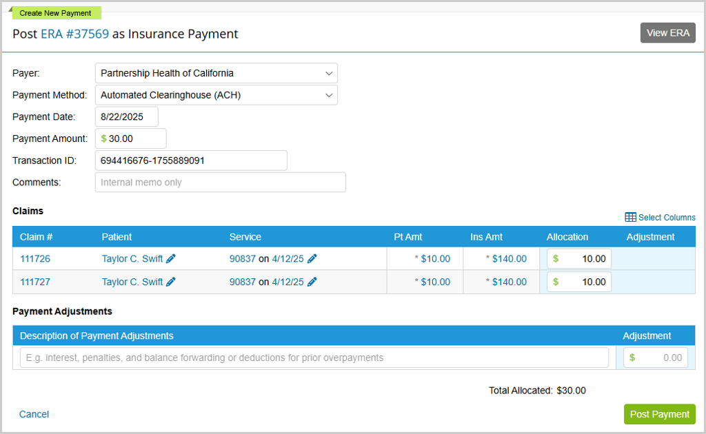ERA payment posting page matches patients and services