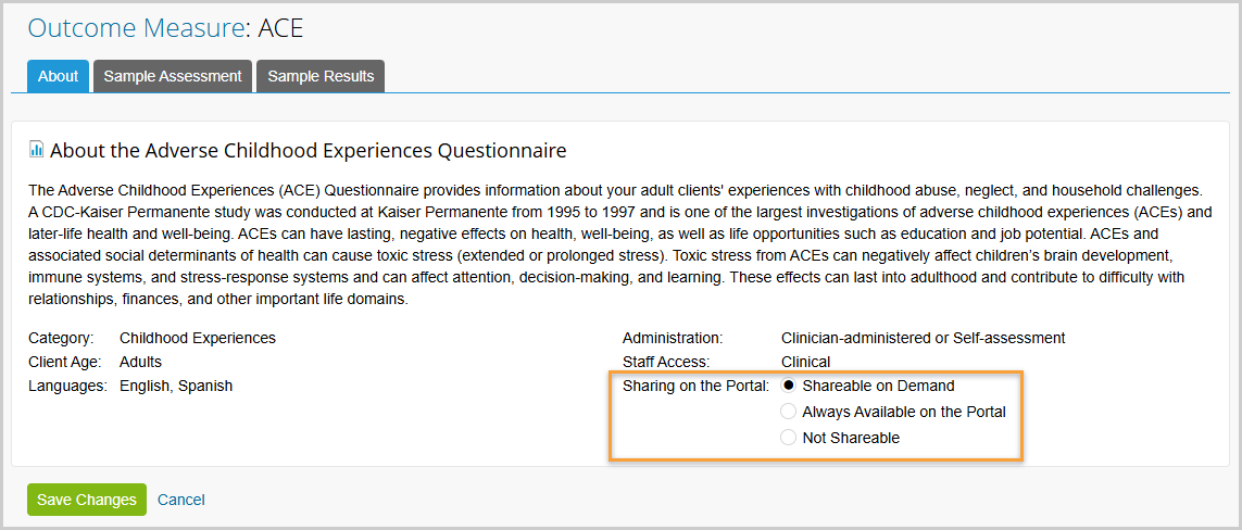 "Sharing on the portal" settings for Outcome Measures has been expanded to Clinical Admins