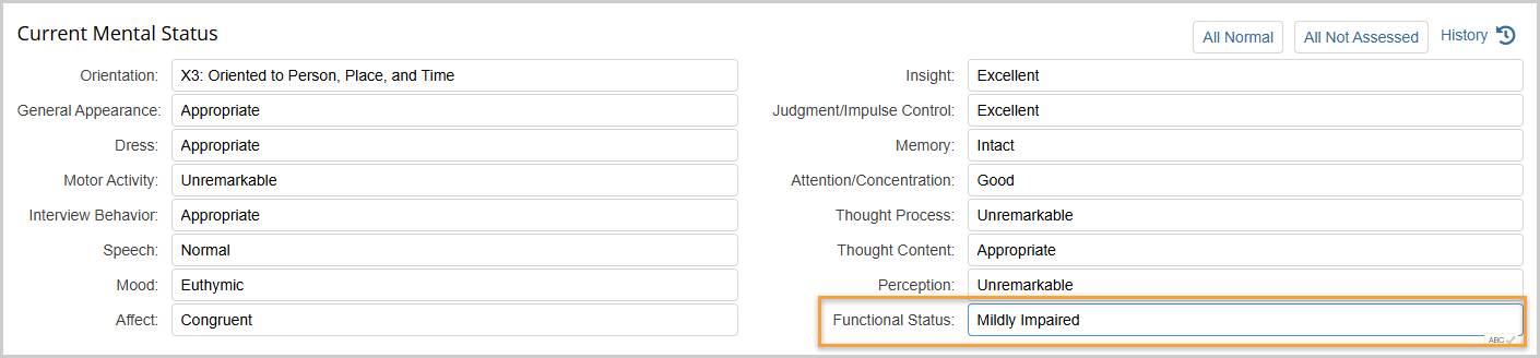 Selecting All Normal in notes that include the Current Mental Status element will now set Functional Status to "Mildly Impaired".