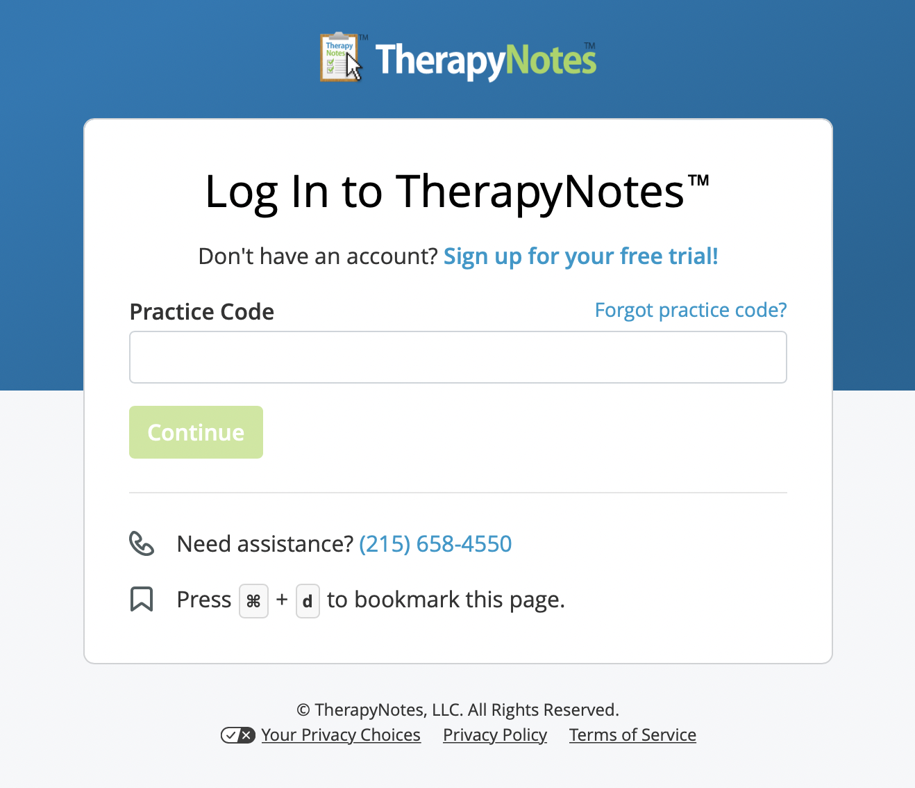 TherapyNotes Log In Page with Practice Code field