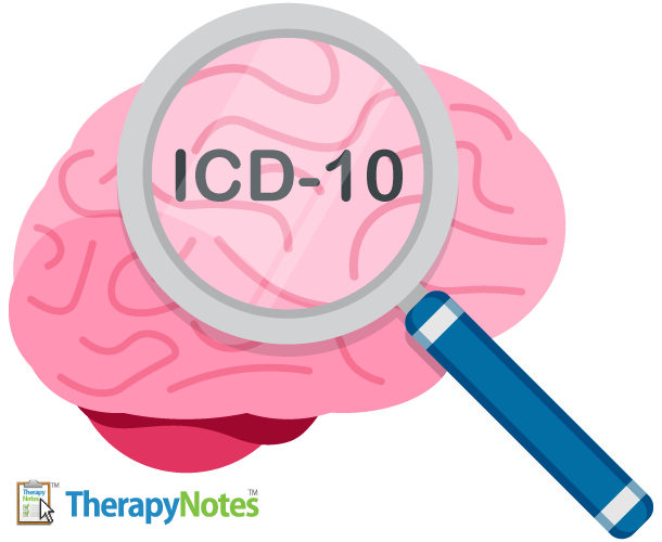 Illustrated brain being examined by a magnifying glass with the text ICD-10 in focus