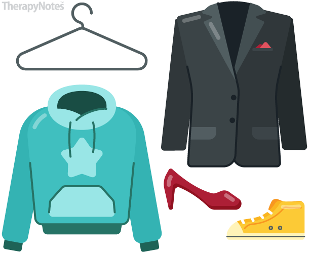 Illustrated hanger, hoodie, blazer, high heels, and high-top sneakers