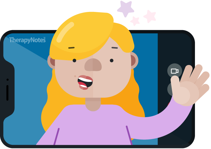 Illustrated person waving from a telehealth call