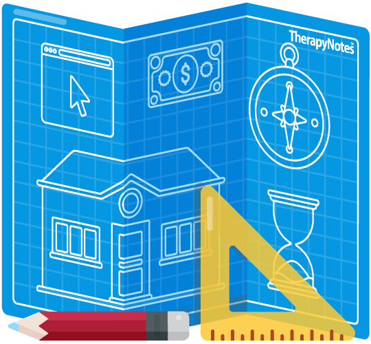 Illustrated blueprint showing a website, money, compass, timer, and building