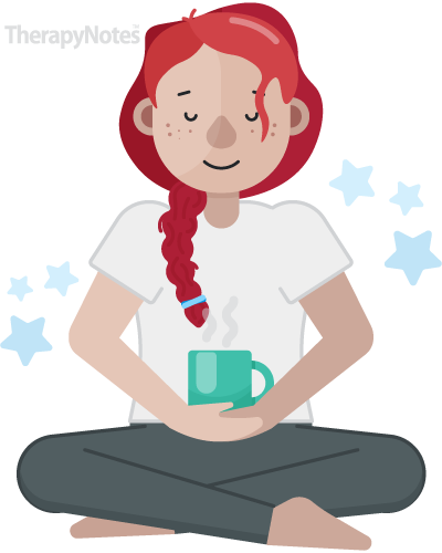 Illustrated person meditating with a steaming mug
