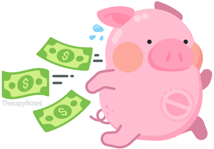 Illustrated piggy bank running with money spilling out