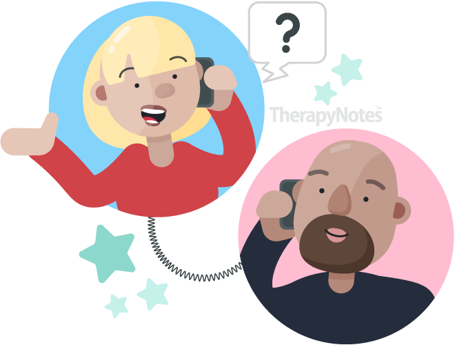 Two illustrated people interviewing via phone