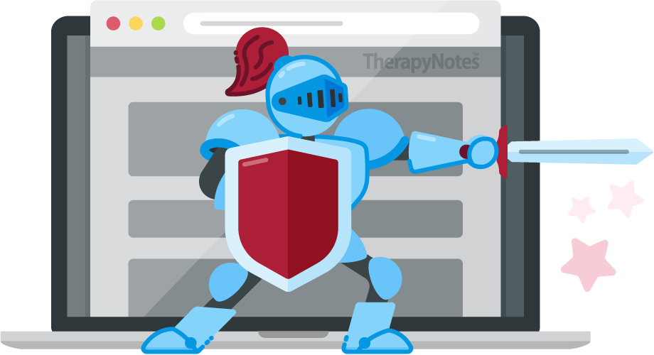 Illustrated knight guarding a laptop