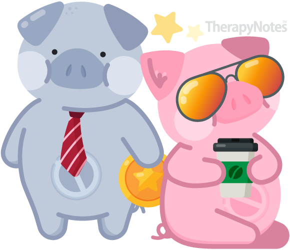 Illustrated piggy banks, one in business attire and one enjoying personal leisure