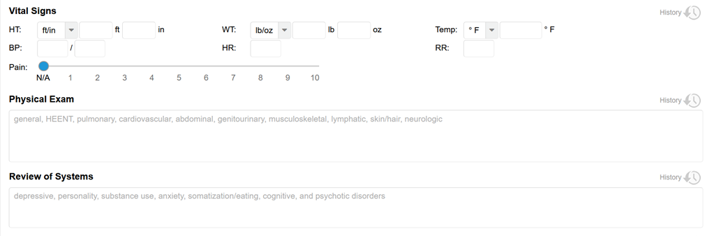 Vital Signs, Physical Exam, and Review of Systems sections on TherapyNotes psychiatry note templates