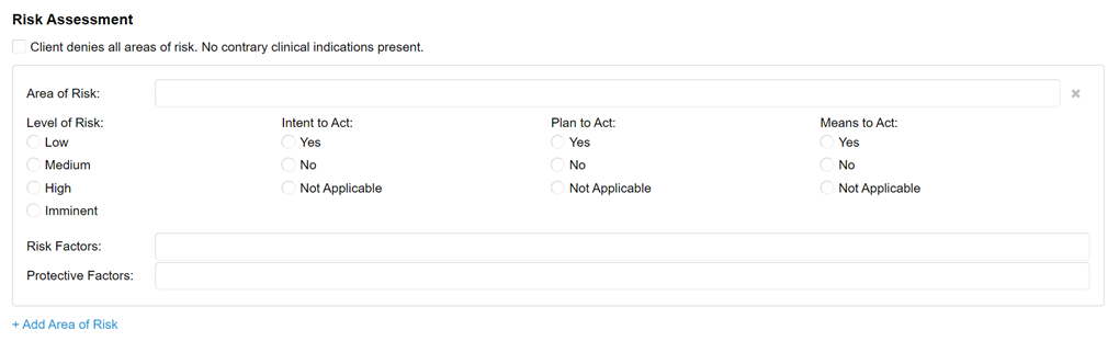 Risk Assessment interface on TherapyNotes note templates showing fields for Area of Risk, Level of Risk, Intent to Act, Plan to Act, Means to Act, Risk Factors, and Protective Factors