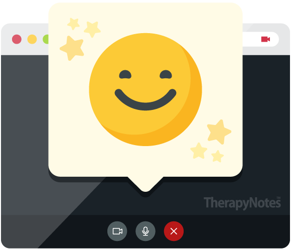 Illustrated smiley face in a chat bubble popping out of a telehealth interface